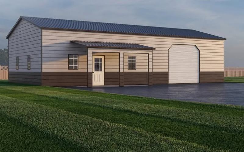 Tan and brown 30 by 50 foot metal garage with a front porch lean-to and roll-up door