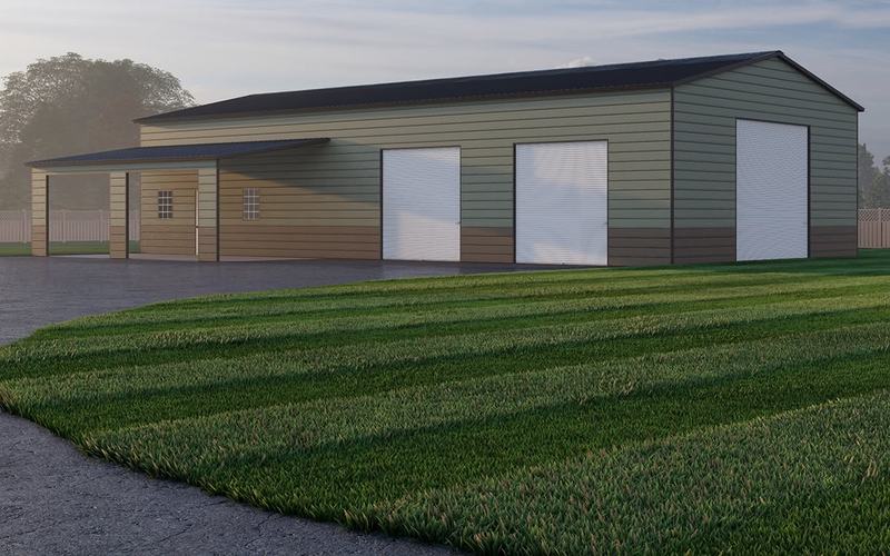 Green and brown 30 by 70 foot metal garage with three roll-up doors and an end lean-to