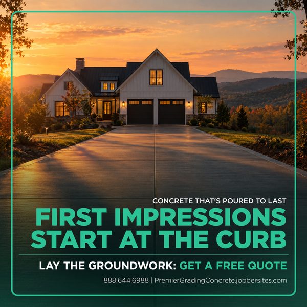 Ad: new concrete driveway leading to a white farmhouse at sunset. First impressions start at the curb. Lay the groundwork, get a free quote.