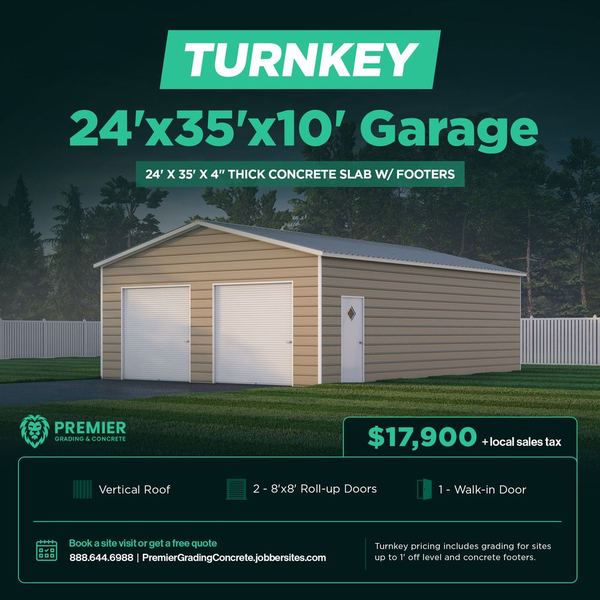 Rendering of a tan 24 by 35 foot metal garage with two white roll-up doors and a walk-in door