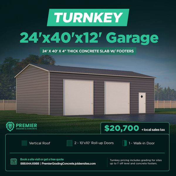 Rendering of a gray 24 by 40 foot metal garage with two large roll-up doors and a walk-in door